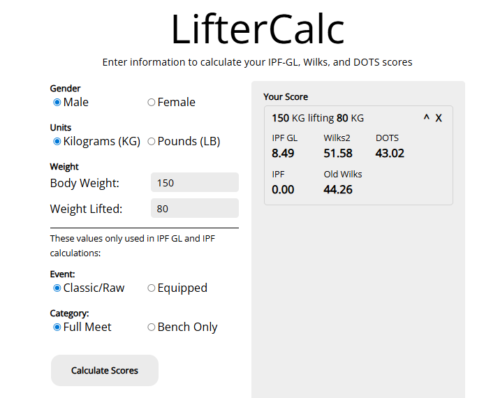 liftercalc.com  results